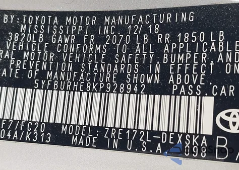 2019 Toyota Corolla Se z USA, uszkodzony, nr VIN 5YFBURHE8KP928942